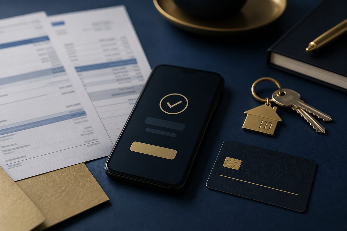 Documentos financeiros e chaves sobre uma mesa, referência visual de defesa bancária e relações de consumo.
