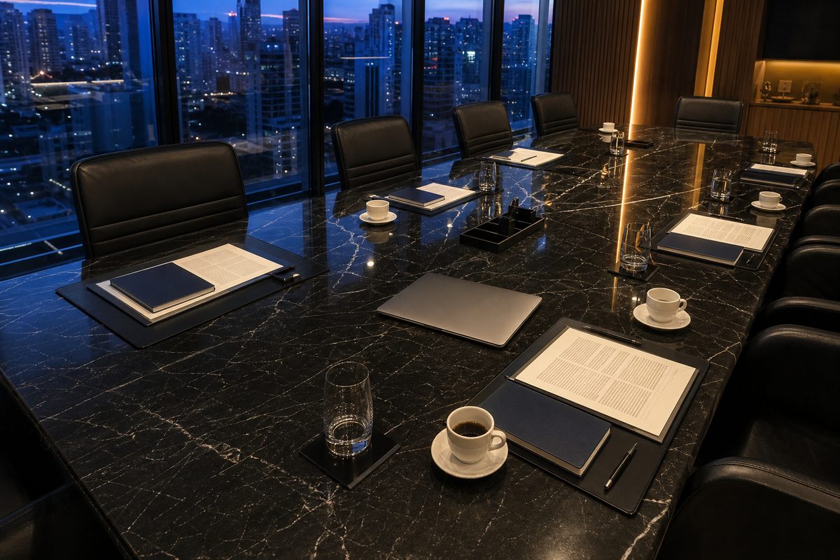 Sala de reunião corporativa com contratos sobre a mesa, referência visual de assessoria empresarial.